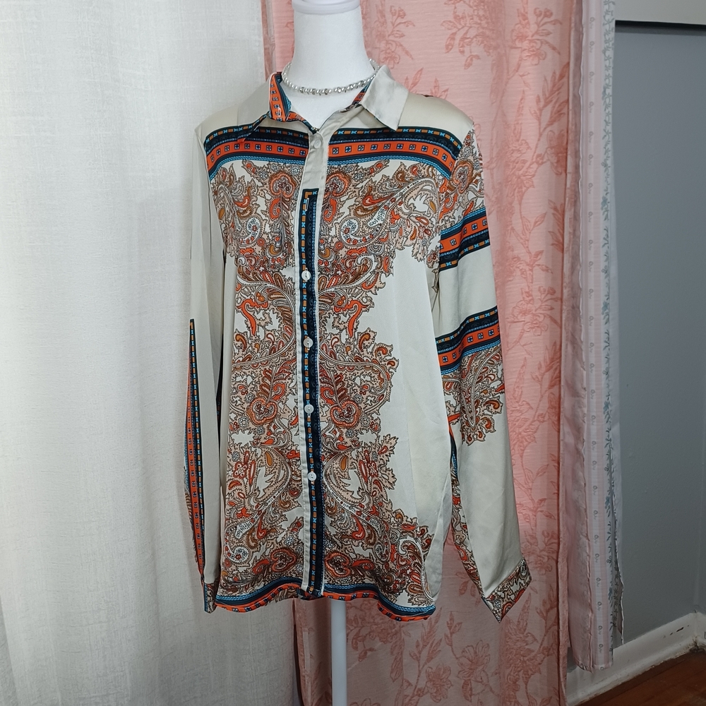 Paisley Print Button-Up Blouse